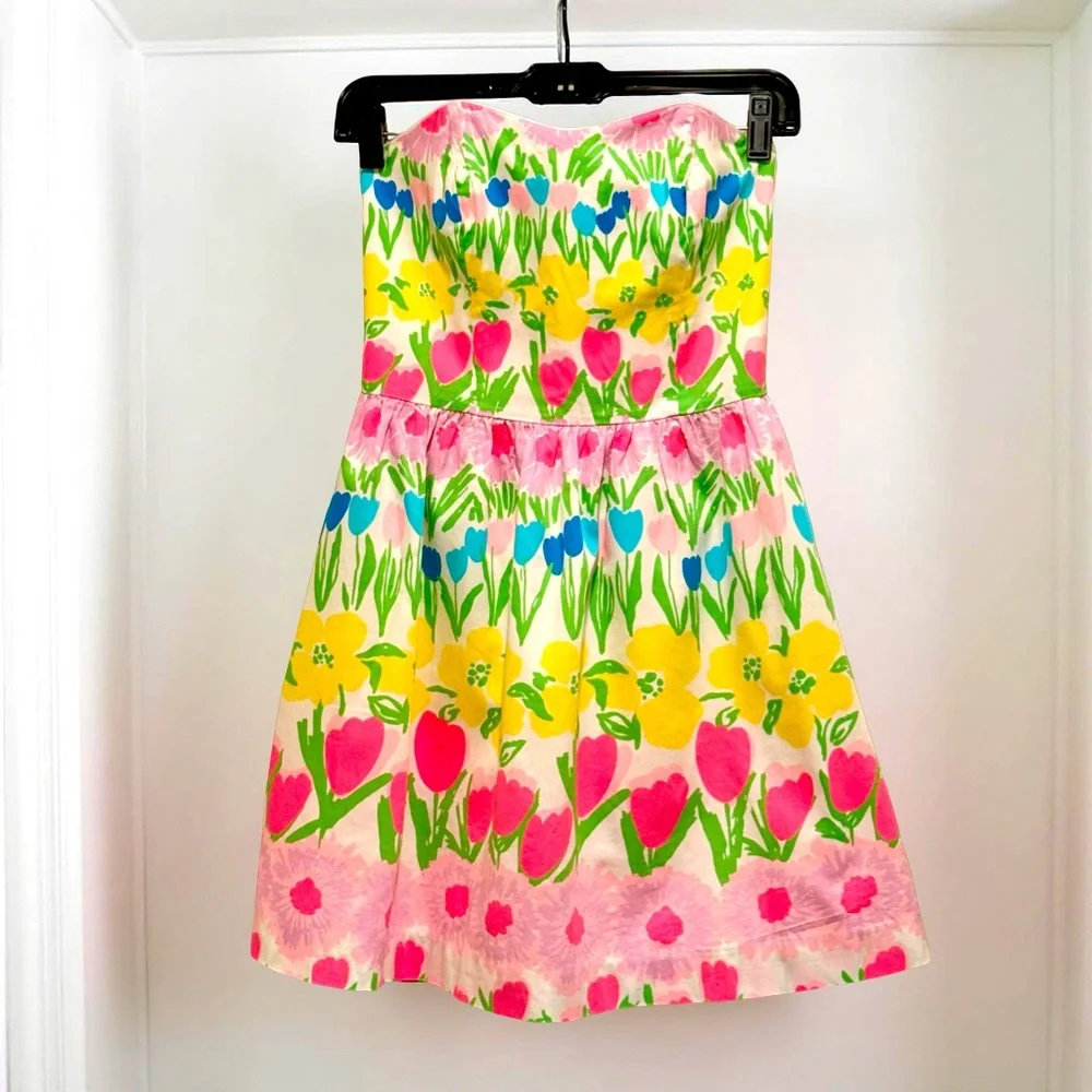Lilly Pulitzer EUC Size 0 Pretty Yellow Pink Green Strapless Mini Sundress (616) - Picture 3 of 13